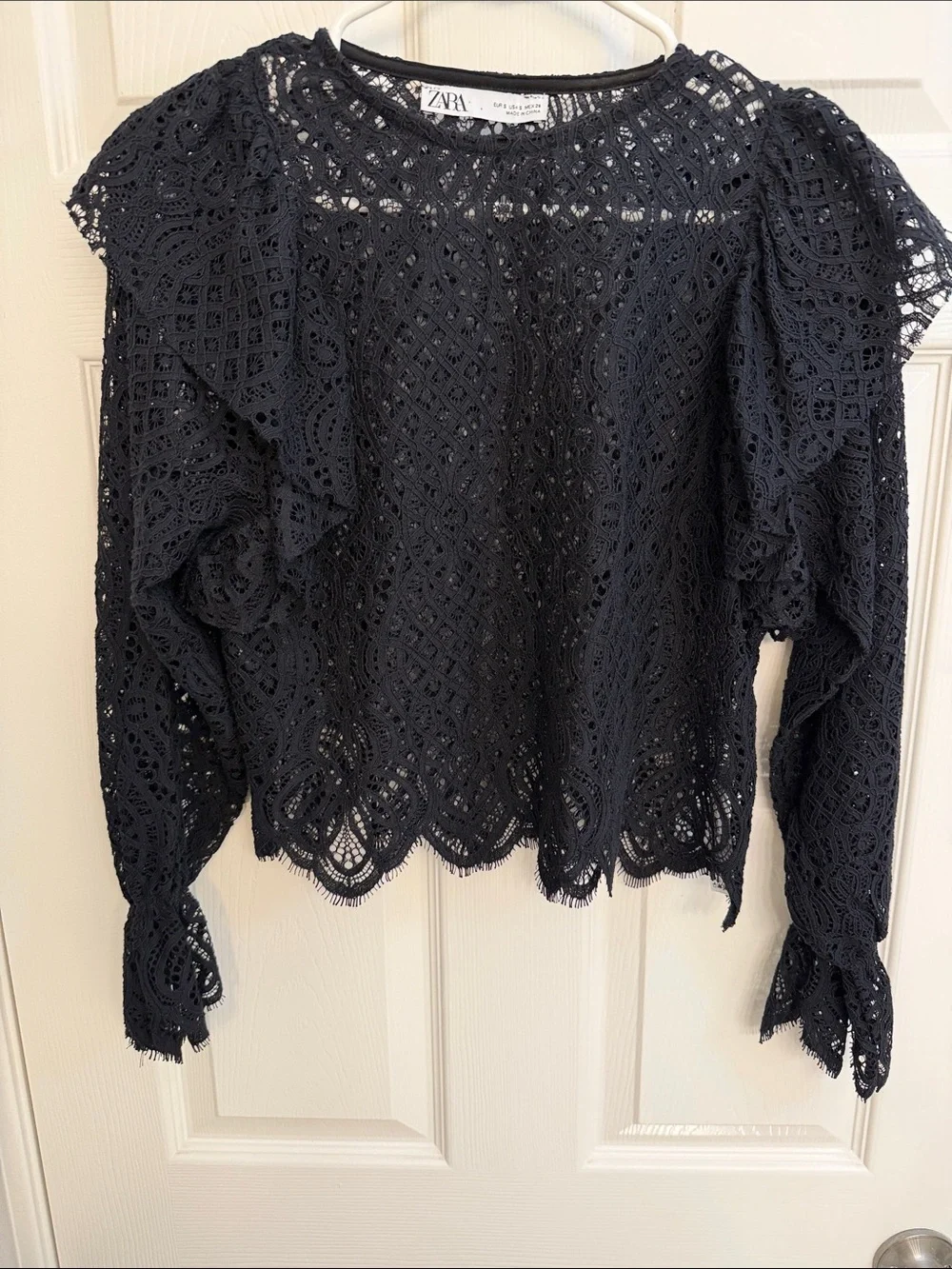 Zara Black Crochet Lace Ruffled Long-Sleeve Blouse